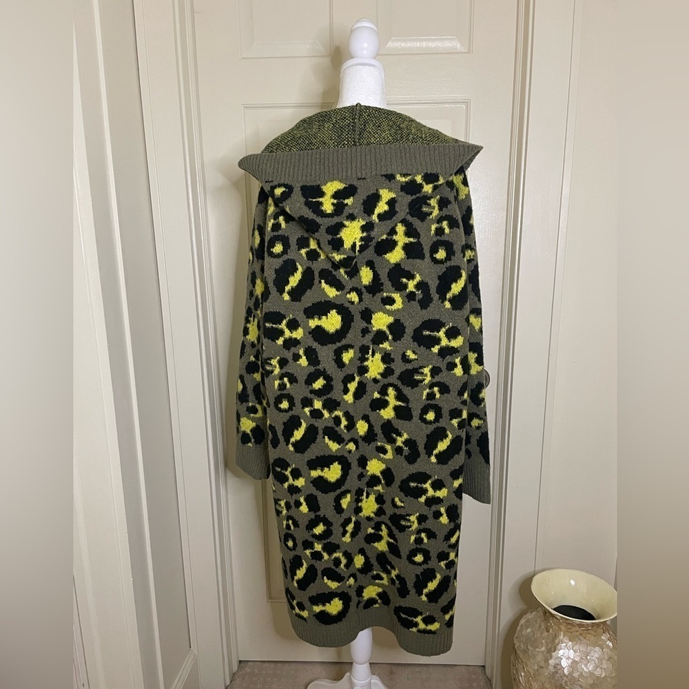 Cozy Casual Cheetah Print Duster Cardigan Sweater w/ Hood, Grn/Blk, Sz 2X-3X - Picture 5 of 12